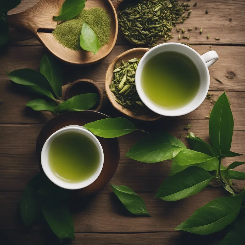 Two delicious cups of green tea as seen from an overhead angle with dried tea leaves scattered round the cups.