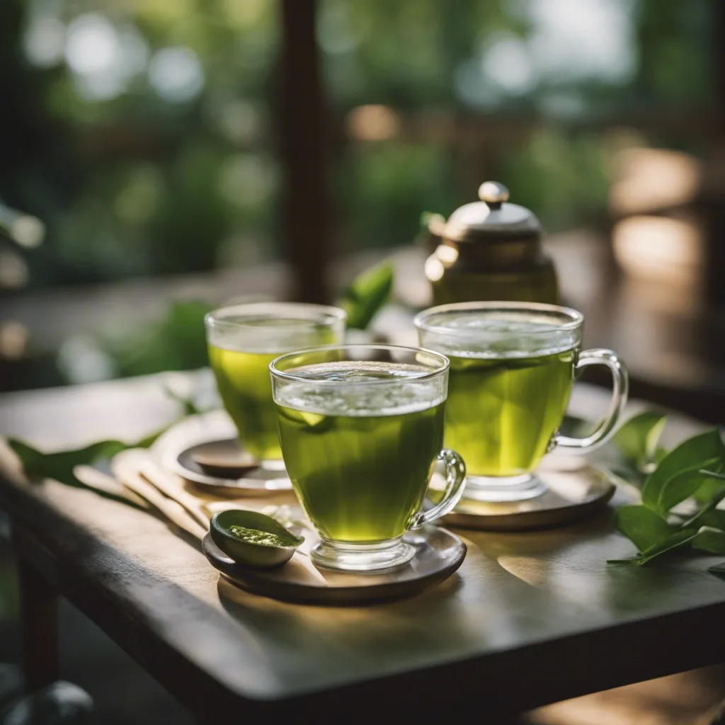 Three cups of green tea ready to serve in a tranquil setting with a garden in the background.