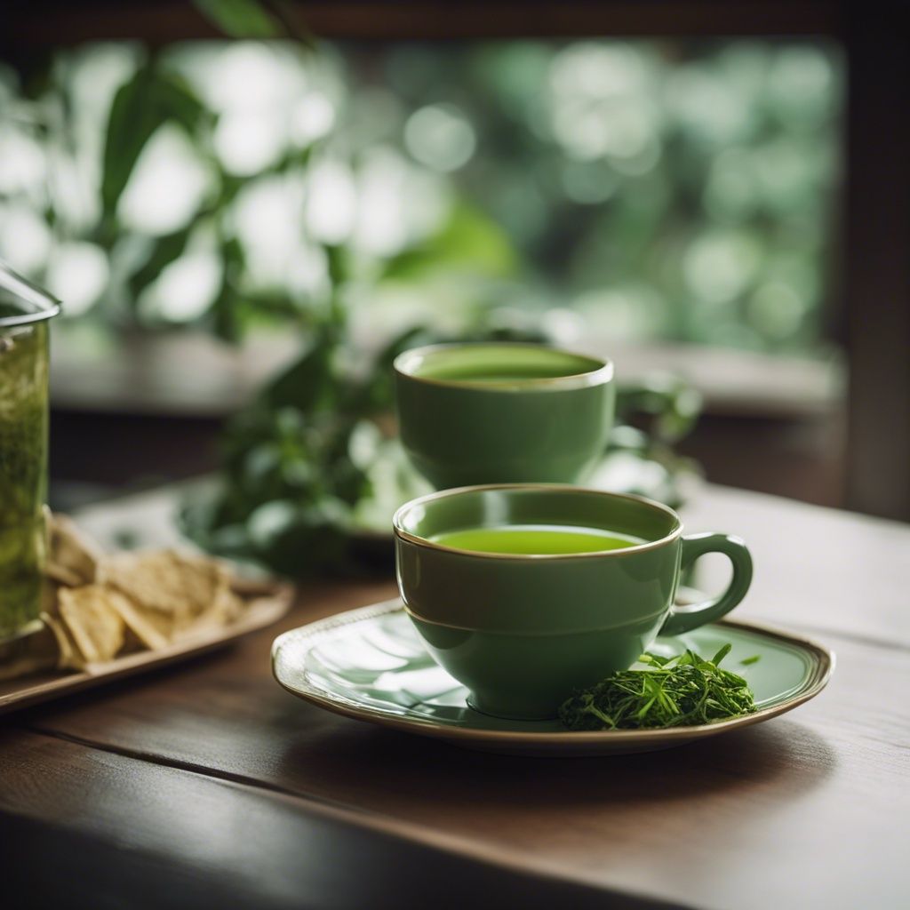 A serene and peaceful setting featuring a pot of green tea in the backdrop, with two cups of the beverage and leaves scattered casually across the table, creating an ideal ambiance to savor this wonderful drink.