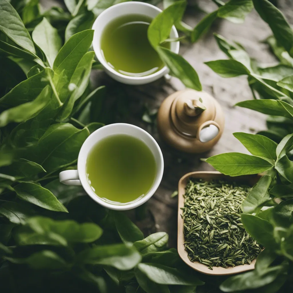 An overhead photo of green tea with leaves in the background and dried tea leaves closeby.