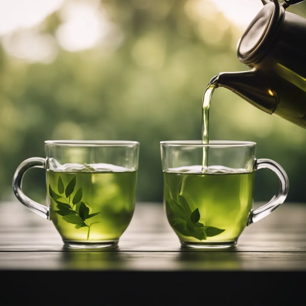 Two cups of green tea with fresh leaves floating in the tea and one cup tea being poured.